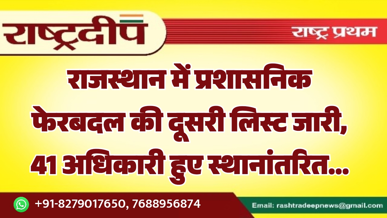 राजस्थान में प्रशासनिक फेरबदल की दूसरी लिस्ट जारी, 41 अधिकारी हुए स्थानांतरित…